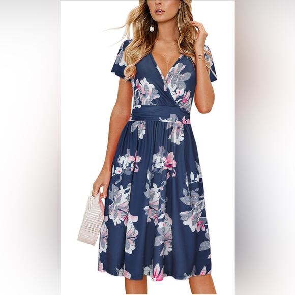 OUGES Short Sleeve V-Neck Floral Dress, NWOT - Picture 1 of 10